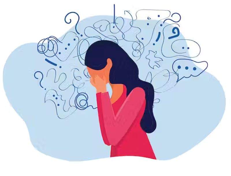 Illustration of a person overwhelmed with thoughts, symbolizing ADHD challenges and the need for support and treatment.