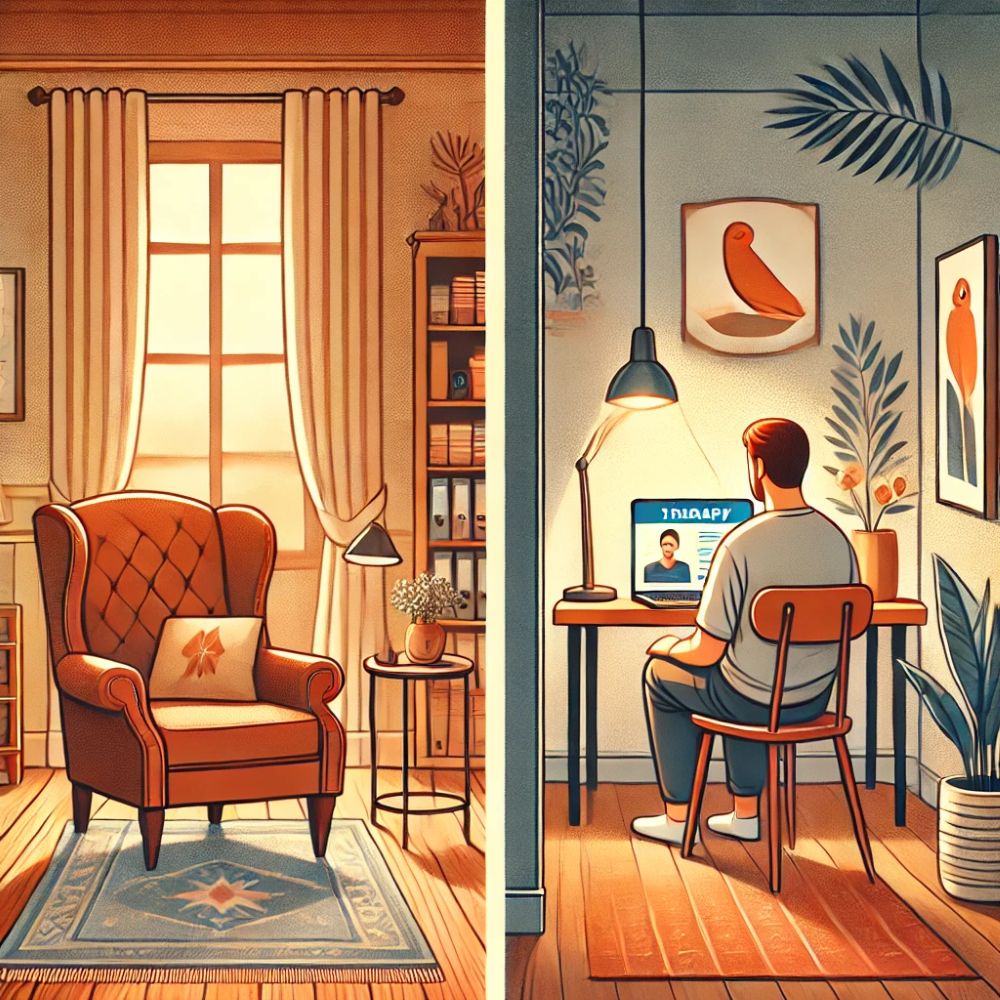 A comforting therapy setting showing both in-person and online counseling options, with a cozy therapist’s office on one side and a virtual session on a laptop in a peaceful home.
